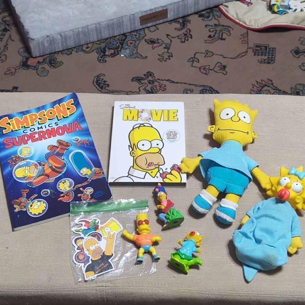 Simpsons Comics Supernova,1990 Simpsons Plush Bart, Maggie, stickers, minis